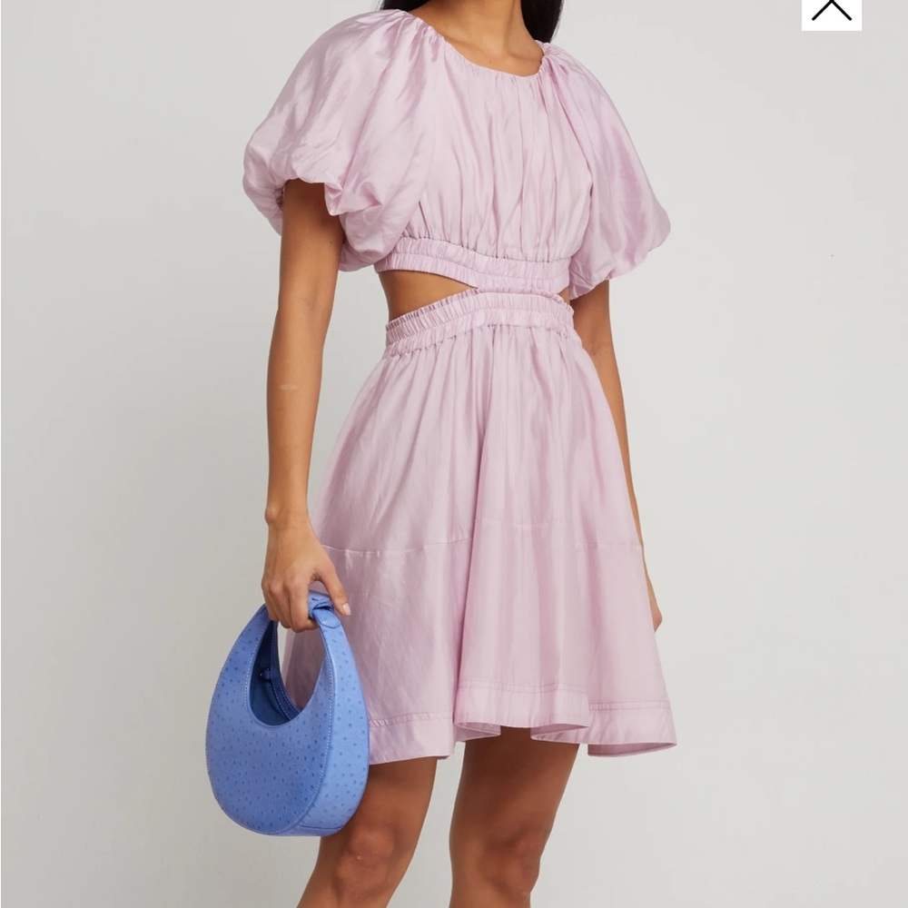 Puff-sleeve, crewneck mini dress with cutouts at the waist